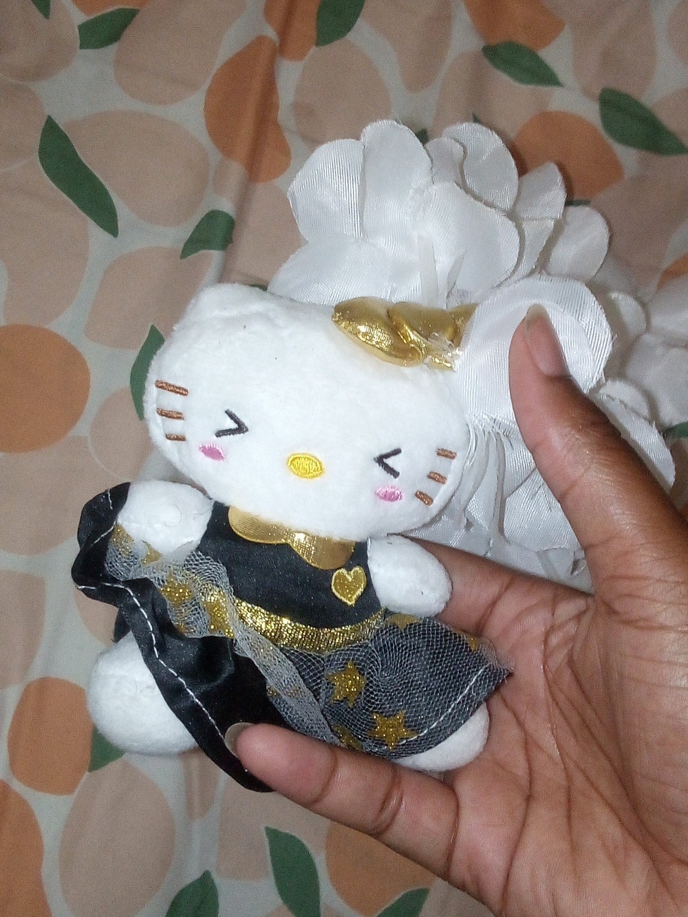 White Plush Cat Doll in Black and Gold Dress